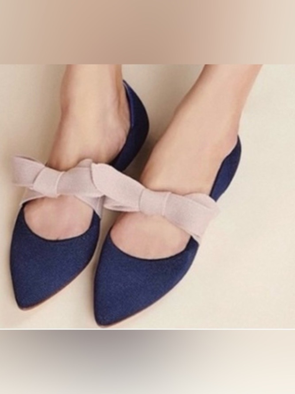 Rothy’s Navy Sapphire Mary Jane Pointed Toe Flats with Pink Bow